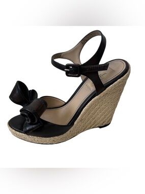 Valentino Garavani Black Leather Bow Espadrille Wedge Sandals Ankle Strap Sz 35